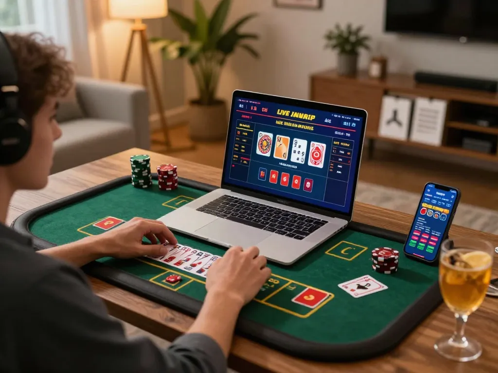 Engaging in live dealer games on thabet with a modern gaming setup, showcasing excitement and strategy.