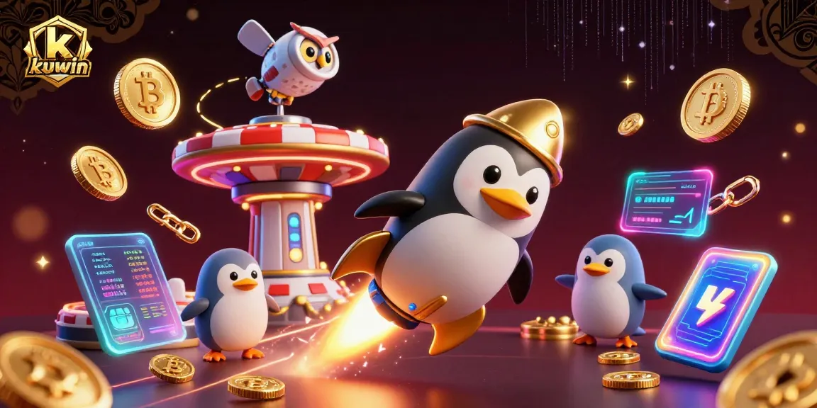 Kuwin's 3D rocket-powered penguin flies through a casino-themed space, showcasing vibrant digital elements for a unique gaming experience.