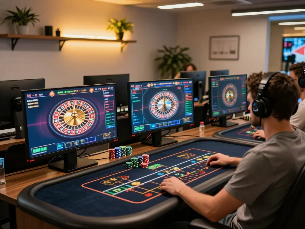 Engaging online gaming experience with vu88a displayed on multiple screens featuring roulette tables and poker