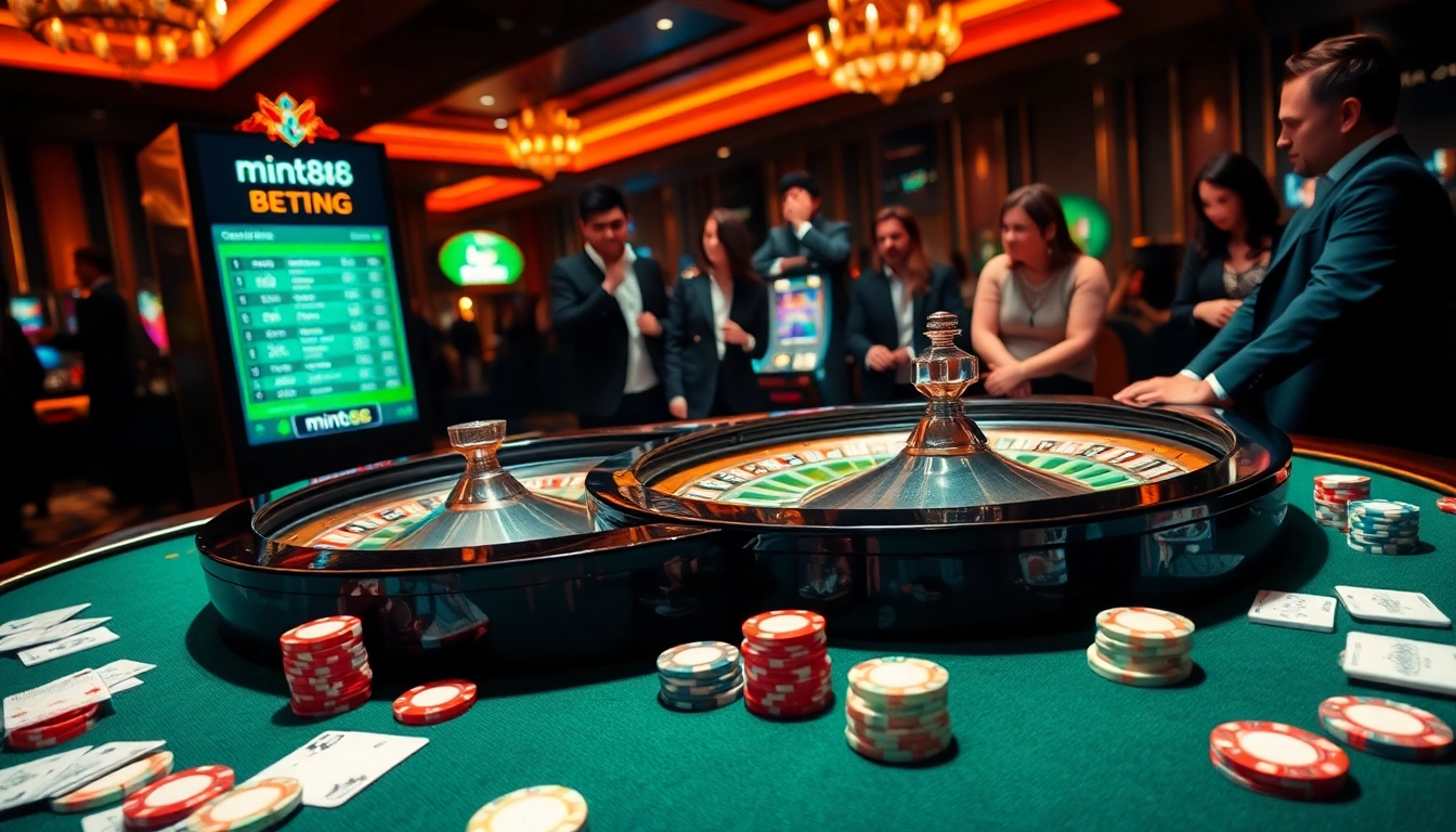 Engage with mint88's thrilling casino atmosphere featuring a vibrant poker table and roulette wheel.