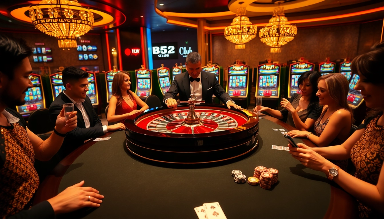 Players enjoy a thrilling game at B52 CLUB's elegant roulette table in a vibrant casino.