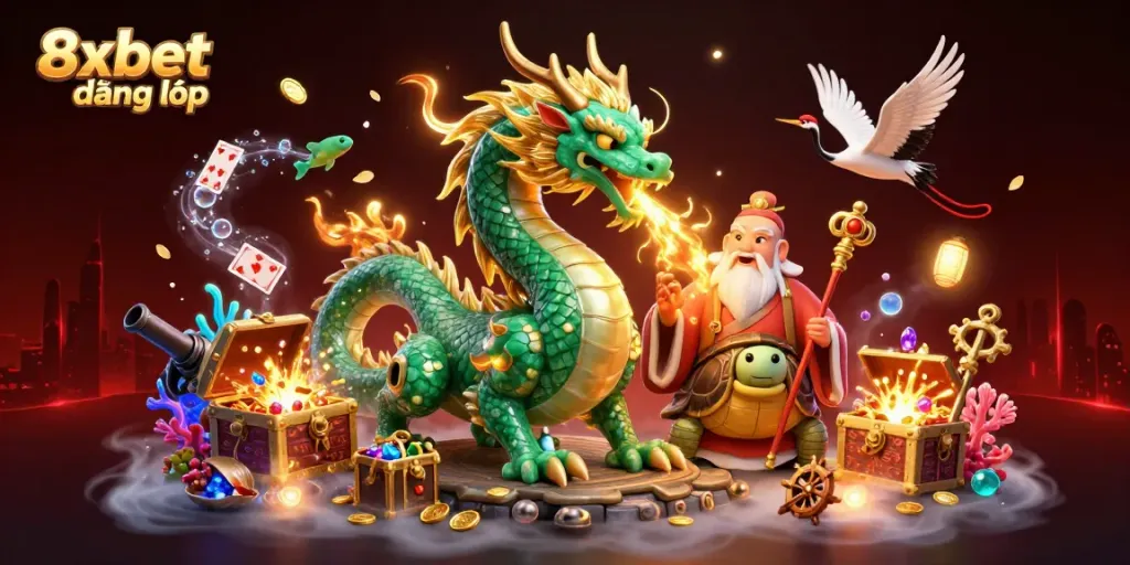 Experience epic wins with 8xbet đăng nhập, featuring a jade dragon and captivating gaming elements.