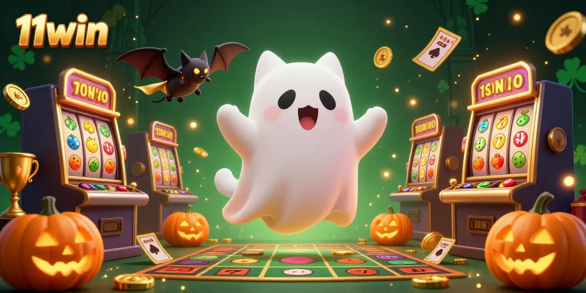 Experience the magic of 11win with a ghost cat and jackpot symbols in a haunted casino.