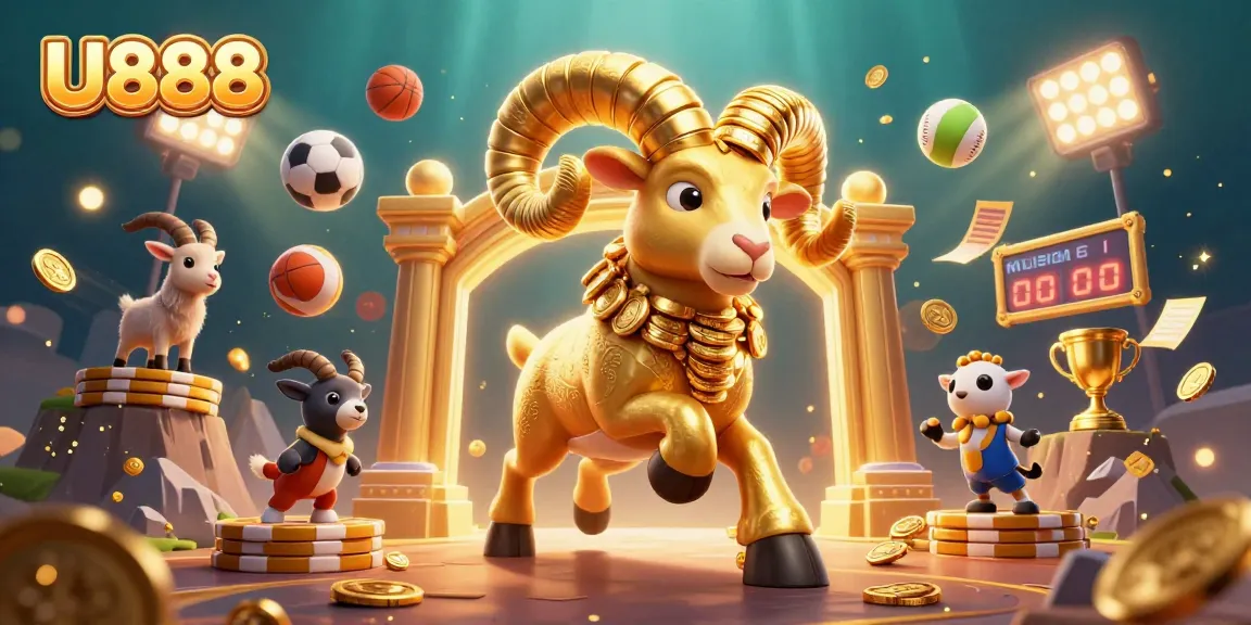 Win big with U888's thrilling 3D casino adventure featuring a golden ram and dynamic sports elements.