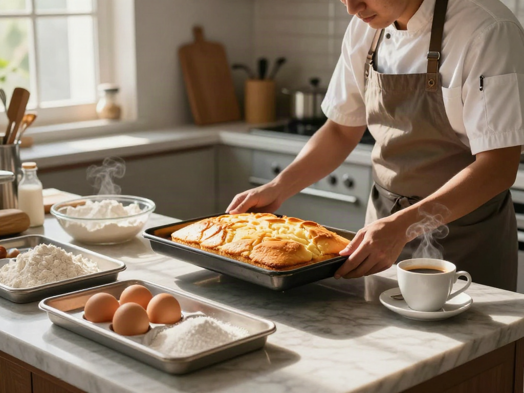 Freshly baked rokok88 bolu bakar with warm golden crust in a cozy kitchen.