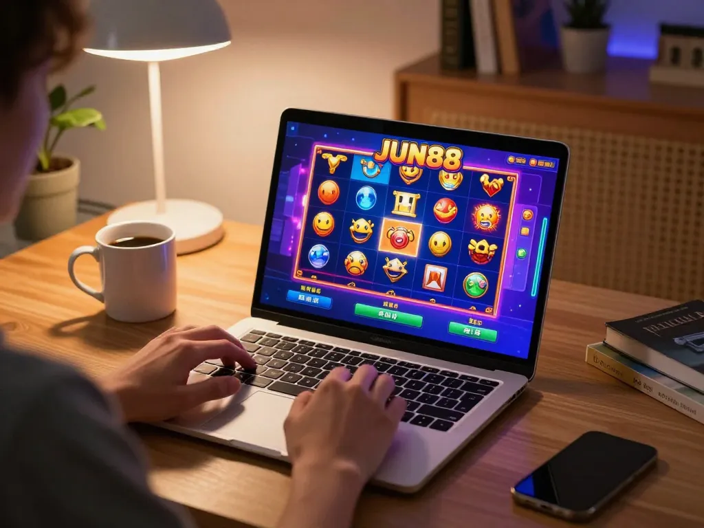 Engaging moment of a user playing JUN88 online slots on a laptop at home, showcasing a vibrant gaming interface.