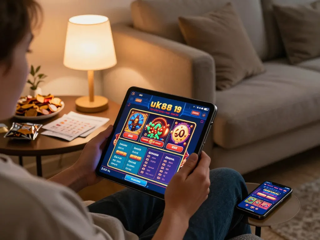 Engaging in strategic uk88 gaming with a tablet, cozy home atmosphere and snacks