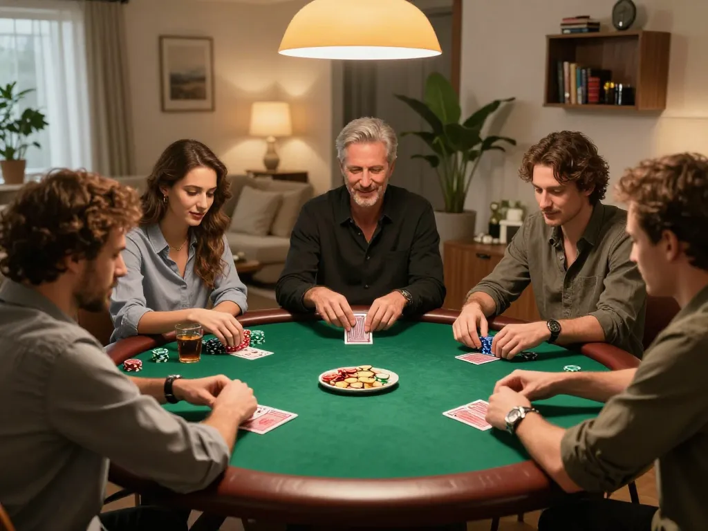 Players enjoying a poker game at home, engaging strategies in a cozy environment, showcasing 789betviet.