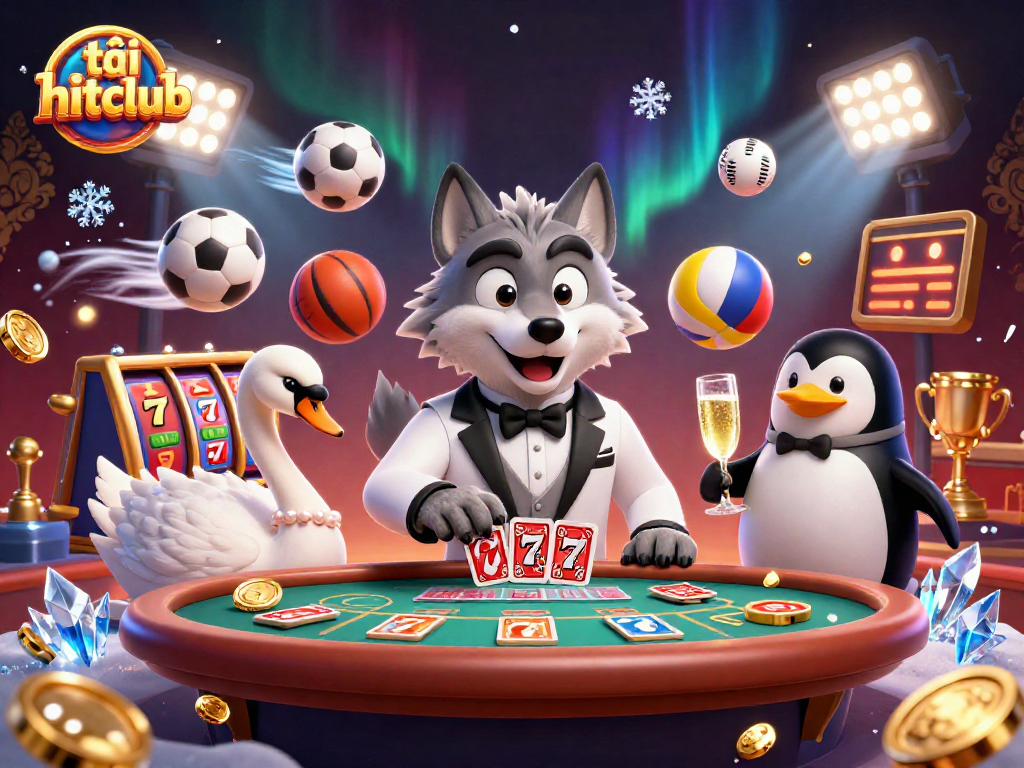 Bet on the best, tải hitclub with a stylish debonair wolf and friends at an extravagant casino table.