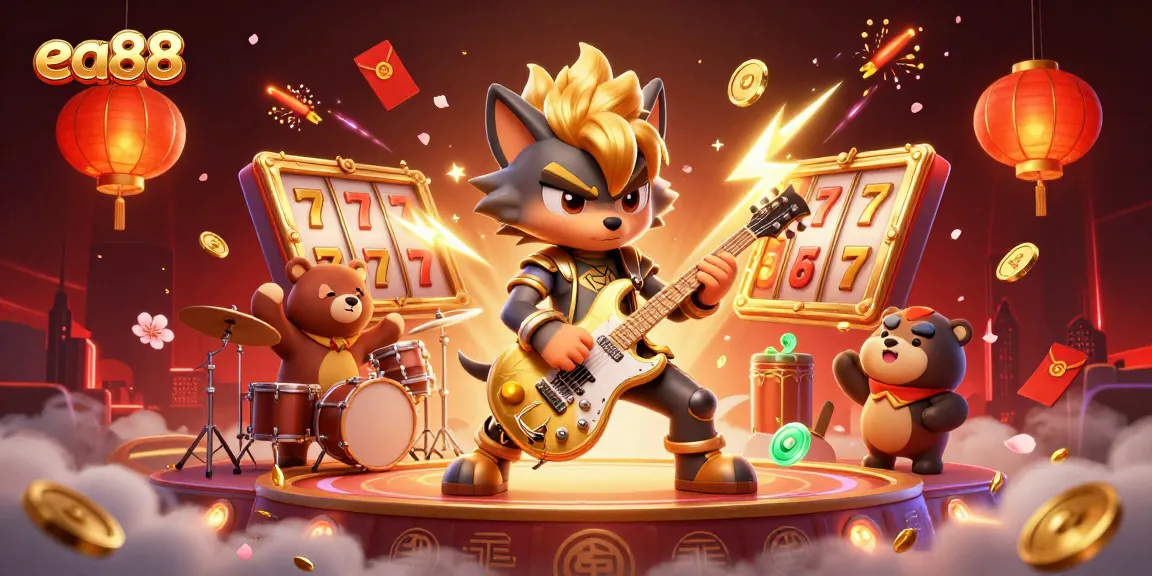 Experience exhilarating gaming with ea88's vibrant scene featuring colorful slot reels and dynamic characters.