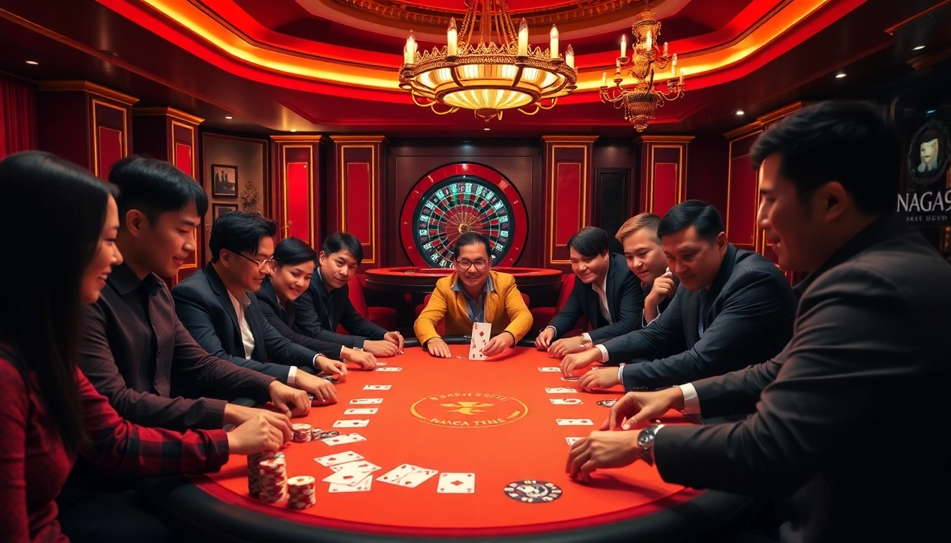Naga99 players enjoying an exciting poker game at a luxurious casino table.