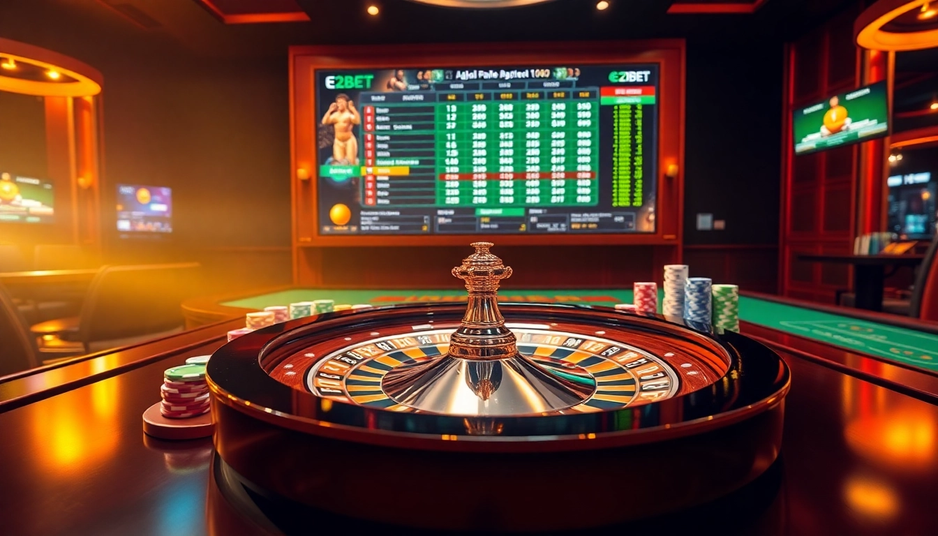 An immersive gambling experience at https://e2bet-games.org showcasing a vibrant casino scene with roulette and poker chips.
