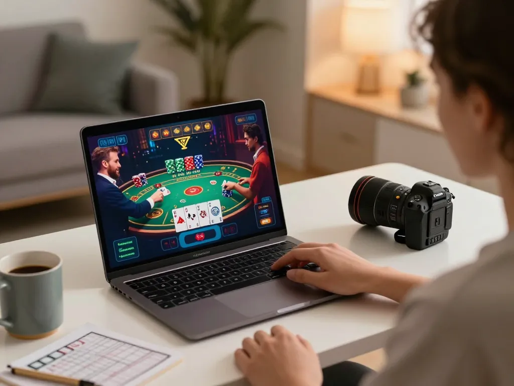 da88 online gaming setup with a stylish desk displaying vibrant casino gameplay and strategic notes