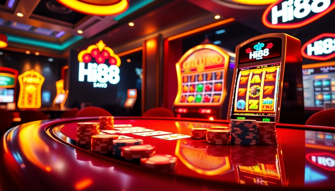 Experience high-stakes excitement at Hi88 with vibrant slots and poker tables in a luxury casino.