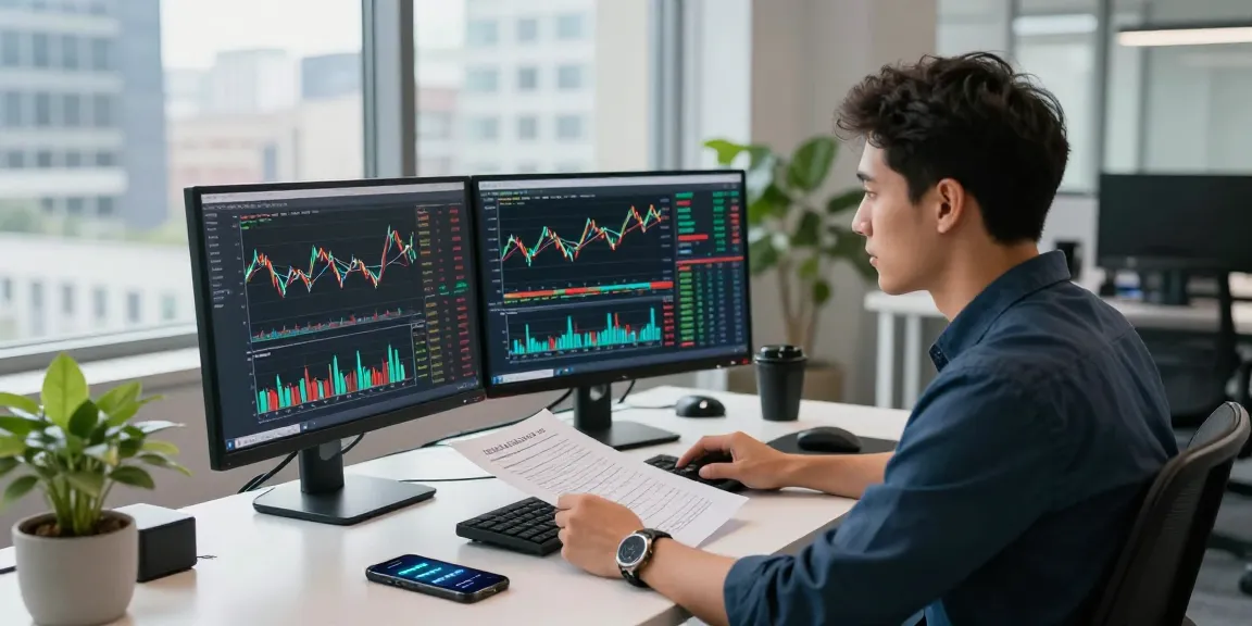 Trader analyzing market trends on xn88nano.com with dual monitors and charts.