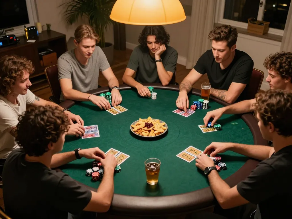 Players strategizing during a poker game at home using aw8 app, highlighting a competitive yet friendly atmosphere.