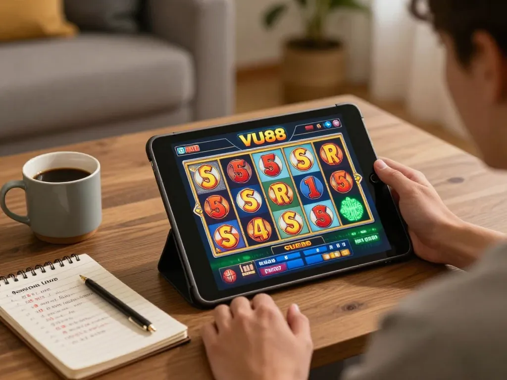 Player engaging in VU88 casino gaming on tablet in a cozy home setting, emphasizing strategic online play.
