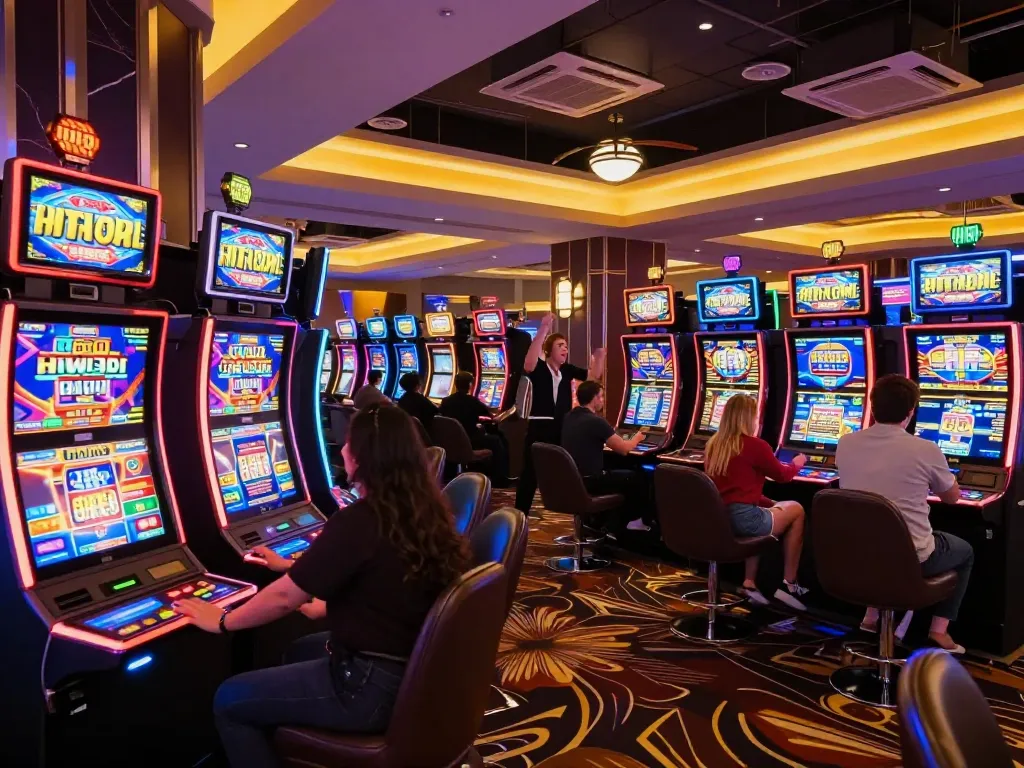 Players celebrating wins at go89's vibrant casino with colorful slot machines.