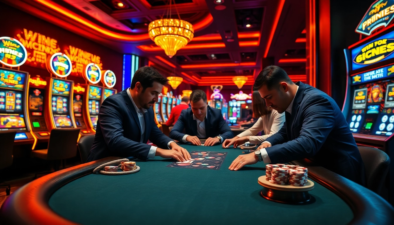 Win55 casino scene featuring high-stakes poker table and exciting slot machines.