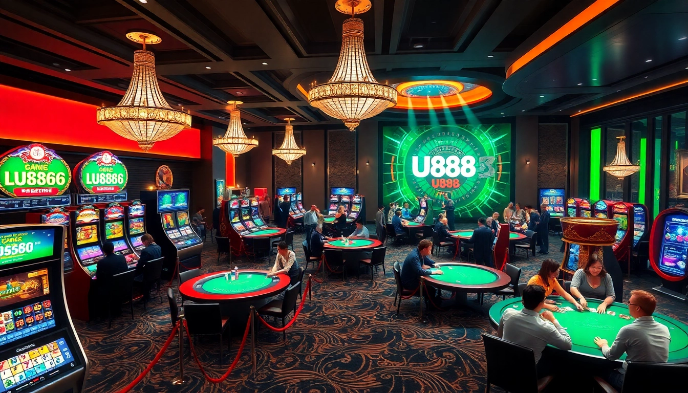 Experience the thrill of U888’s vibrant casino, featuring bustling players at dynamic slot machines and tables.