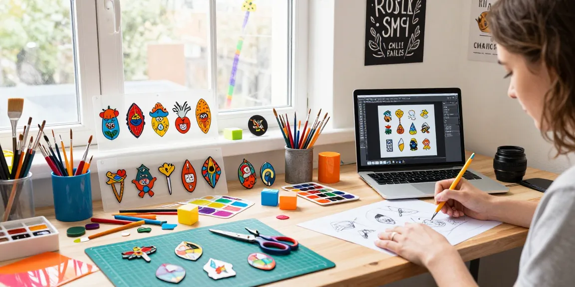 Vibrant workspace showcasing acrylic pins design process with colorful materials.