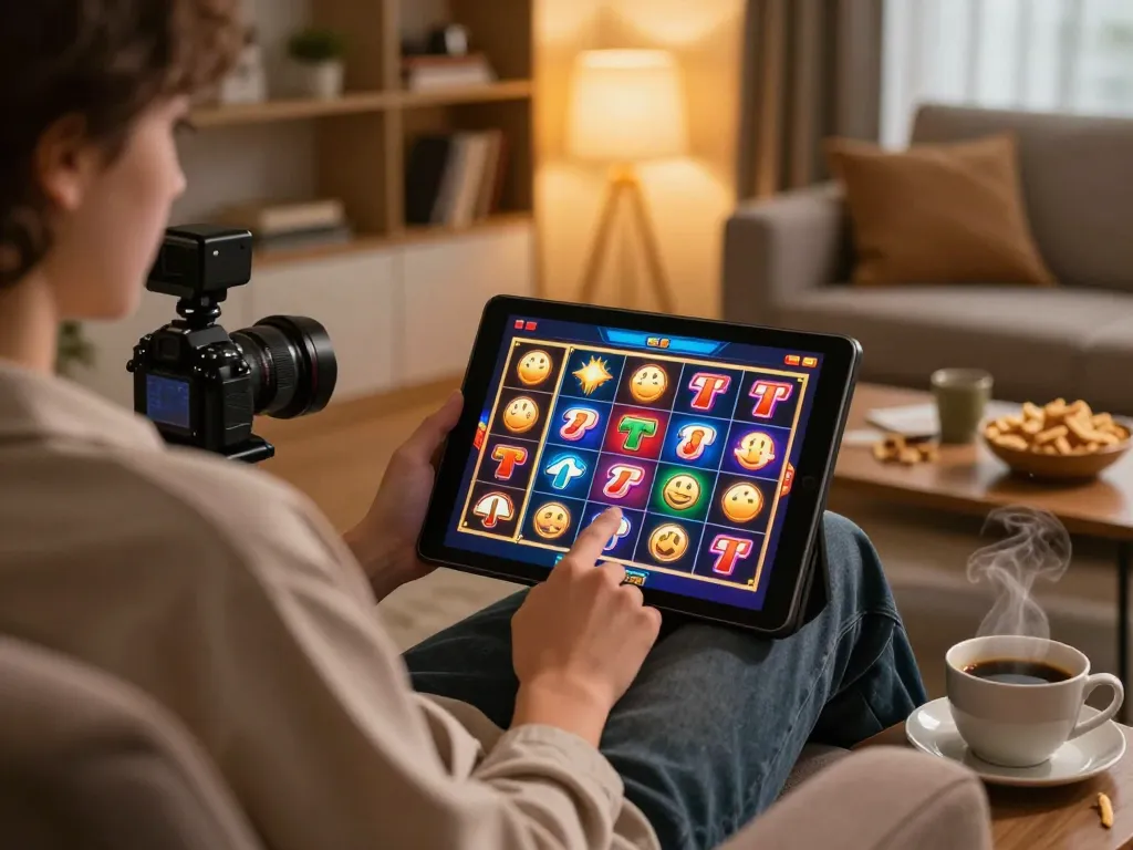 Engaging gaming moment at EQ9, a player spins slots on a tablet in a cozy home setting.