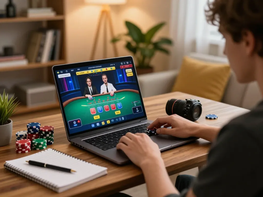 Player engaging with mm 88 online blackjack while strategizing in a cozy home environment