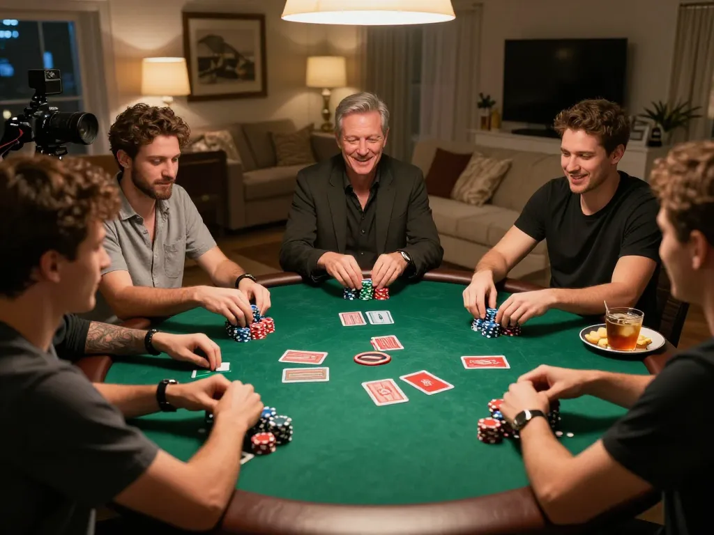 Engaged players strategizing in an iwin club poker game surrounded by chips and drinks.