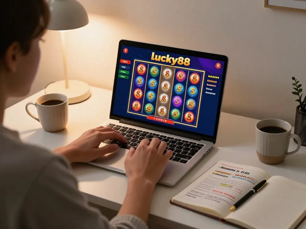 Engaging with lucky88 online slot game on a laptop in a cozy home environment.