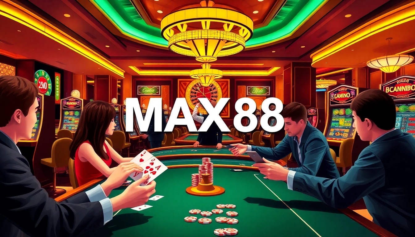MAX88 players enjoying a luxurious casino experience with vibrant slot machines and roulette tables.