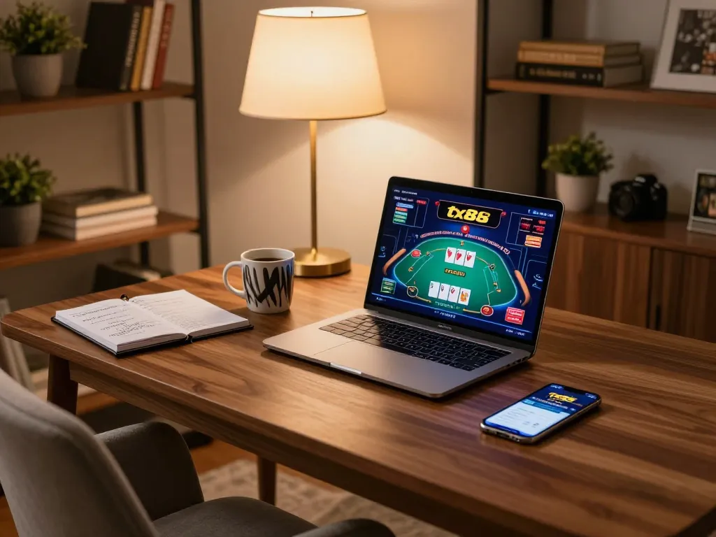 Player engaged in strategic online poker gameplay at tx88 on a sleek laptop with notes and coffee