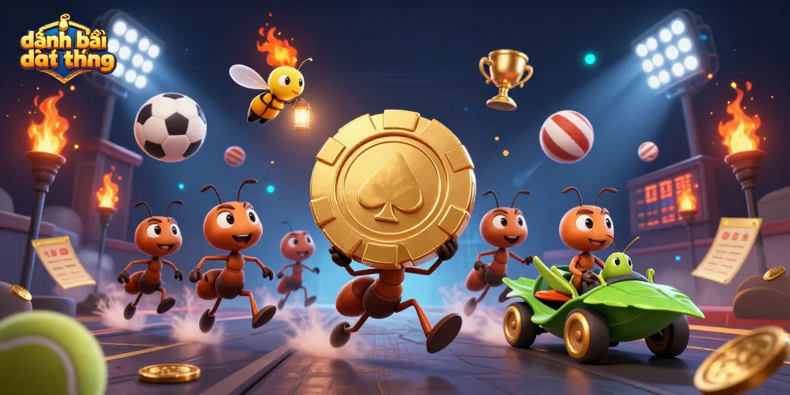 Engage in đánh bài đổi thưởng with a heist-themed 3D scene featuring ants, a firefly, and a grasshopper.