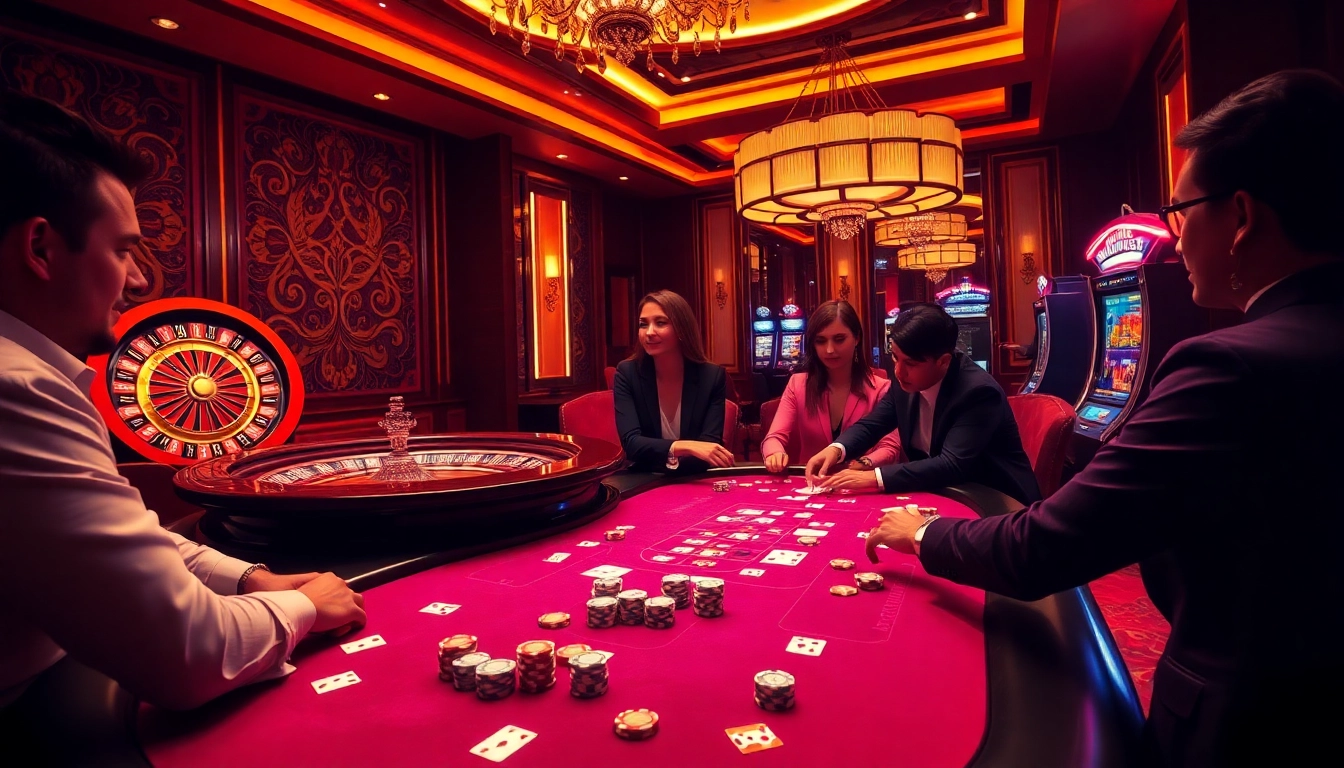 Engaging players at a glitzy casino table, highlighting excitement at https://uu88.blog/ for compelling gambling action.