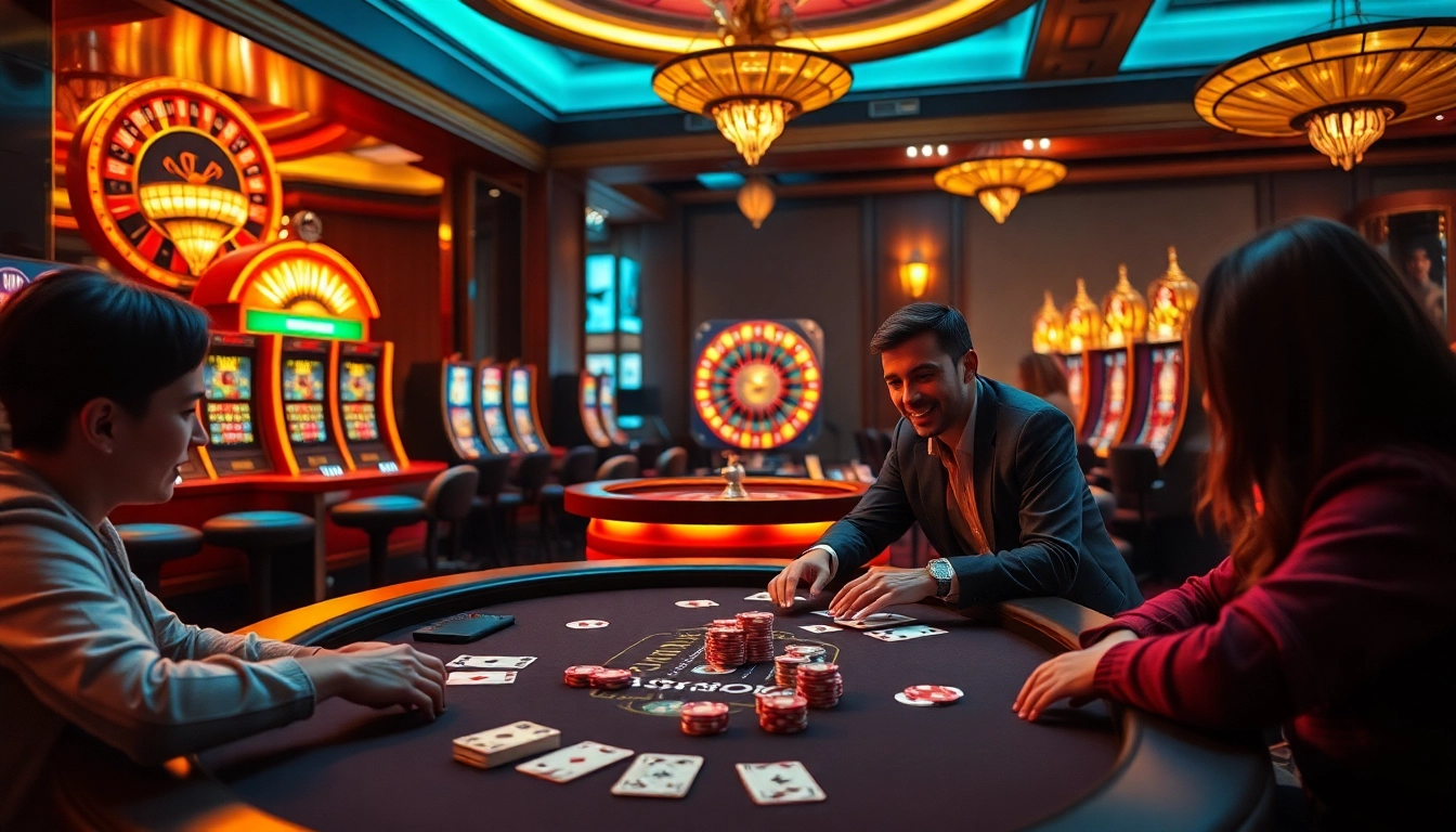 Exciting gambling action at 68VIP Bz with a table game, roulette wheel, and players in a luxurious casino setting.