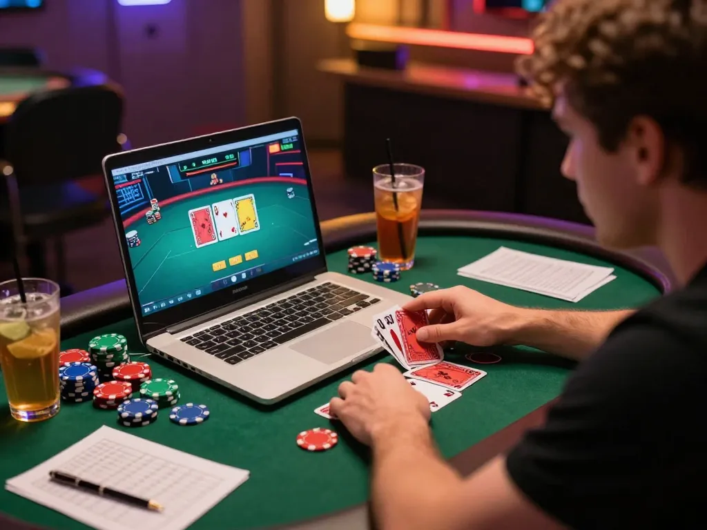 Bu88 player participating in online poker game, showcasing energy and engagement in modern gaming setup