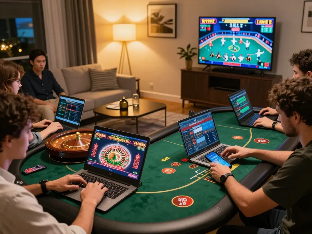Players enjoying online blackjack and poker at home, featuring vu88 gaming apps on laptops and phones