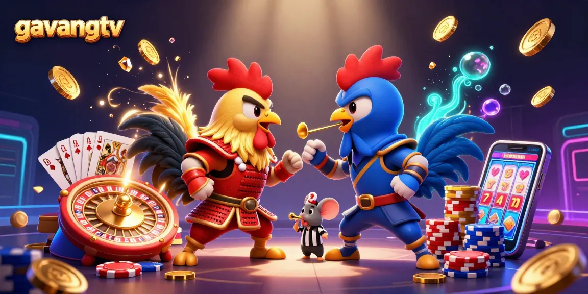 Engage with thrilling gavangtv action featuring samurai and ninja roosters in a vibrant casino scene.