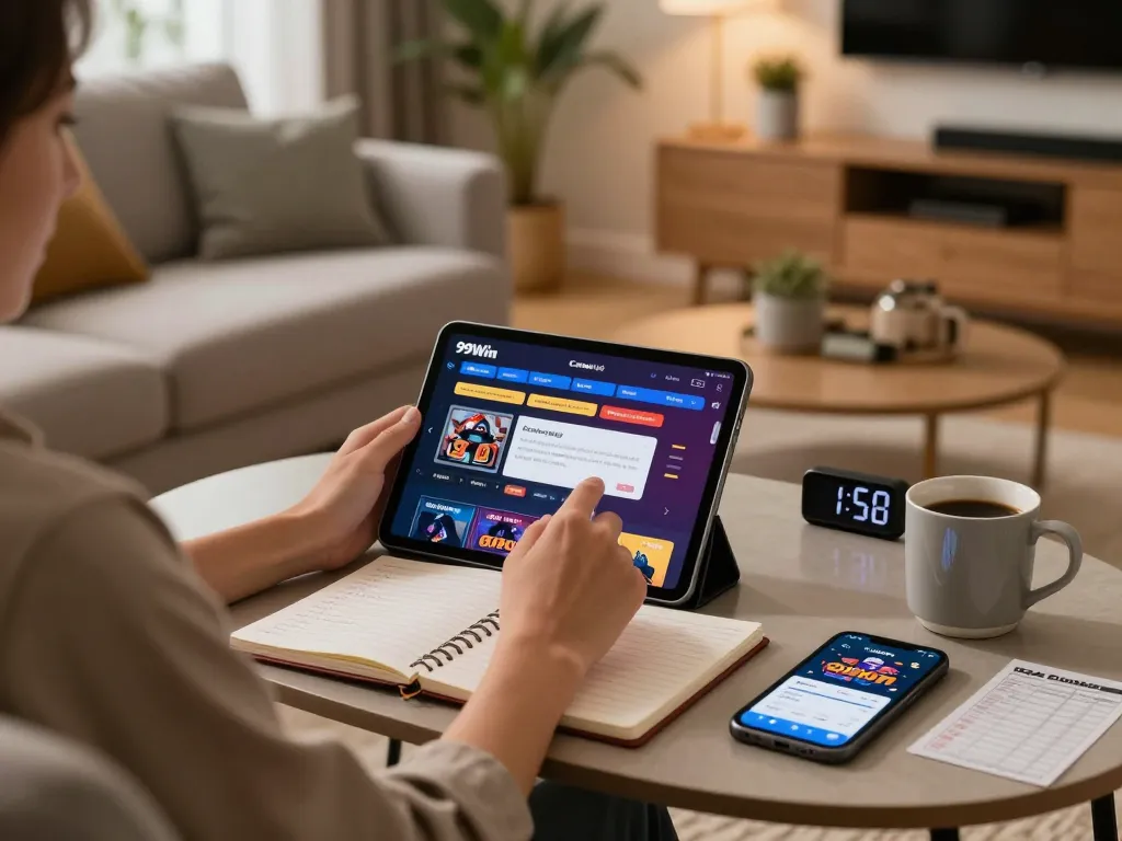Engaged player using 99Win on tablet at home, showcasing responsible gambling practices.
