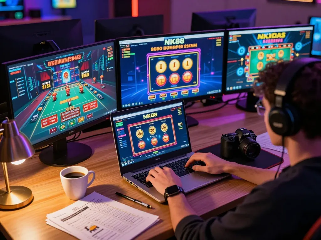 Player enjoying NK88 online gaming on a laptop with vibrant casino graphics and personal strategy notes.