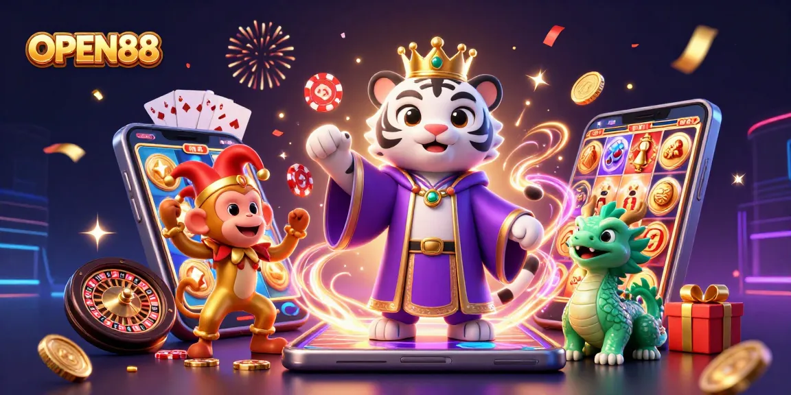 Engage with OPEN88 as a playful golden monkey juggles poker chips beside a majestic white tiger.