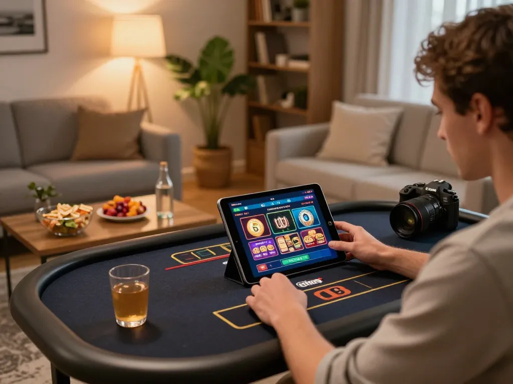 Player enjoying online gaming with 8day casino app on tablet, cozy home setup with snacks.