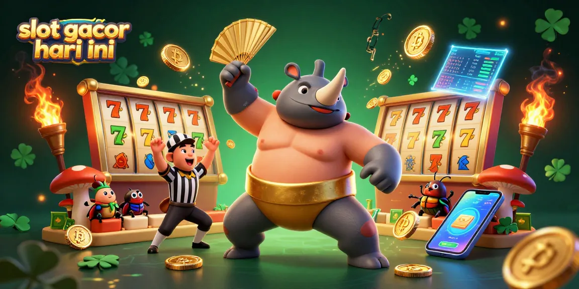 Experience the thrill of slot gacor hari ini with a dynamic illustration of a sumo beetle champion amidst spinning reels and flying coins.