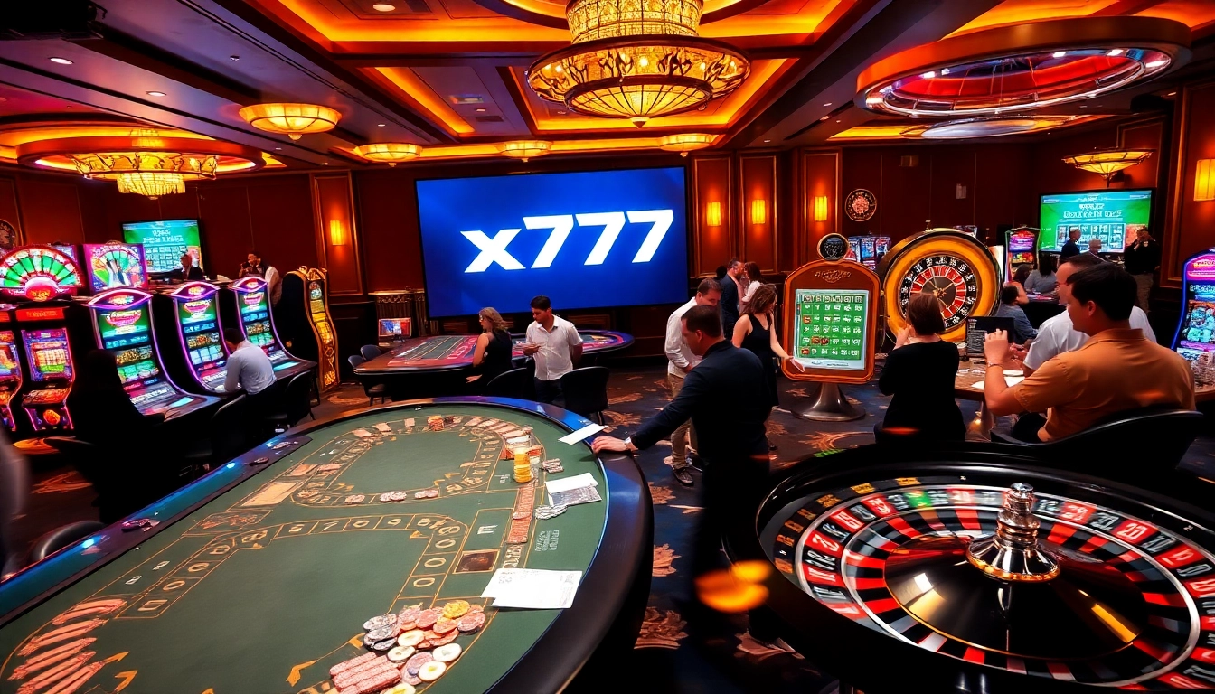 x777 - players enjoying a high-energy atmosphere at a casino, with poker tables and slot machines.
