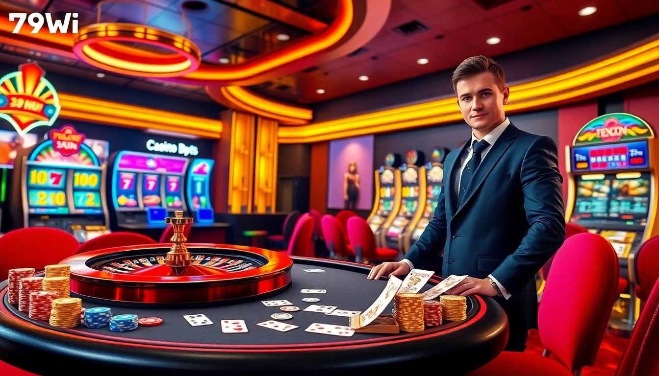 Experience the thrill of online gambling with 79win and vibrant casino elements shining brightly.