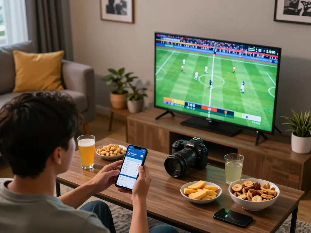 Cakhia app displayed on smartphone by a person watching live sports, creating a competitive atmosphere at home.