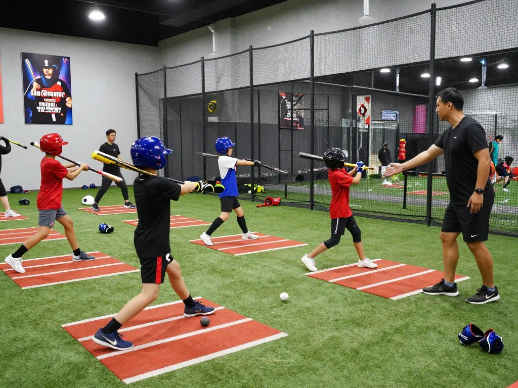 Young athletes training at hitclub batting cages with coaches providing support in a bright gym