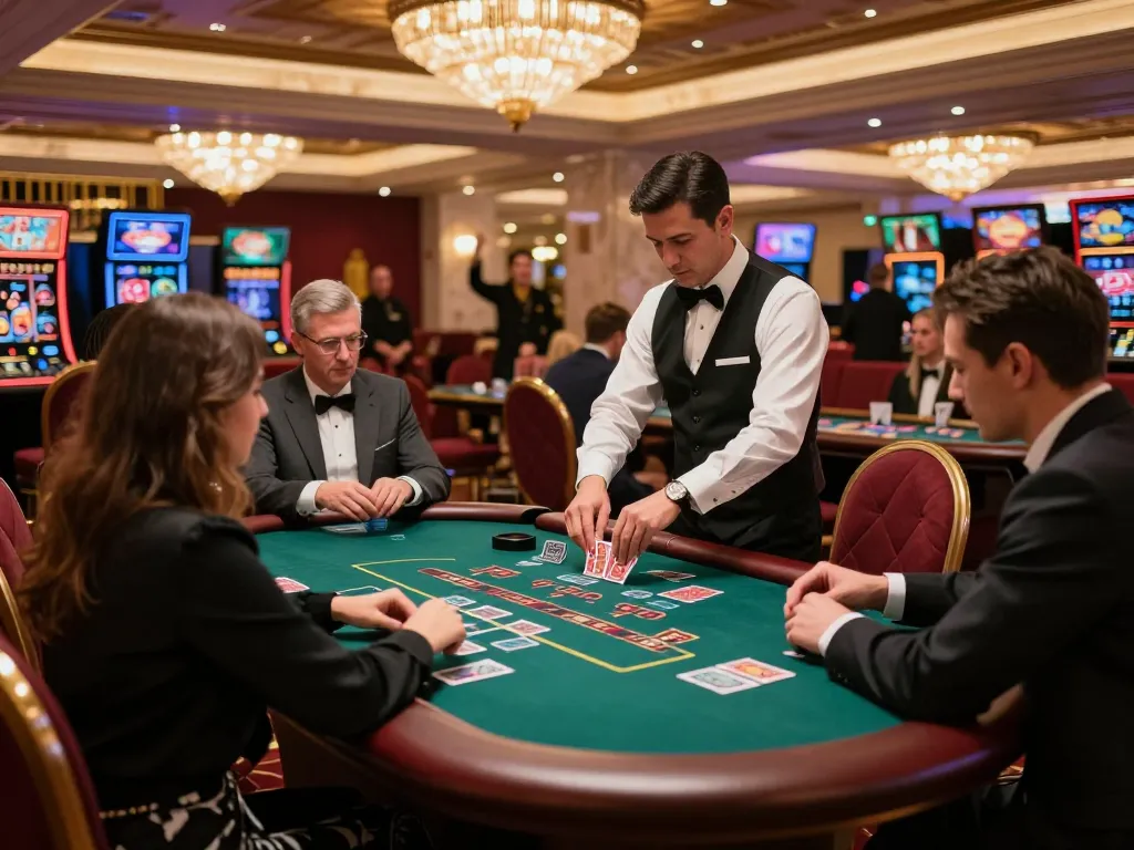 Engage in thrilling blackjack action at GG777 casino, showcasing players, dealer, and upscale décor.