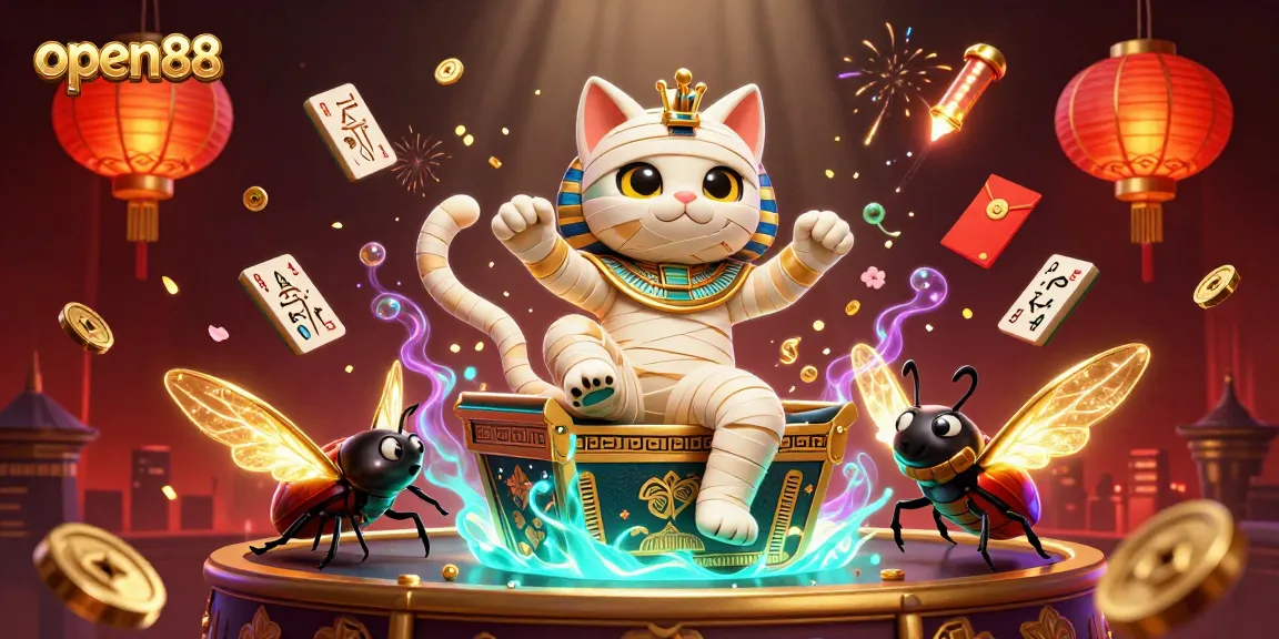 Engage with the vibrant open88 experience featuring a mummy cat and casino elements.