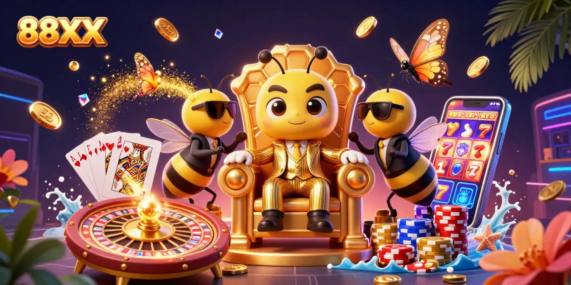 Experience the excitement of 88XX with an engaging scene of cartoon characters showcasing vibrant casino elements.
