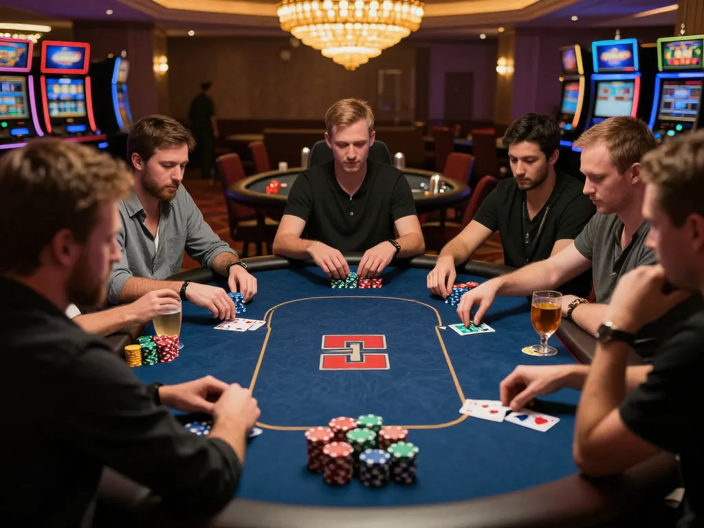 Intense poker gameplay at https://rr88.navy/, showcasing players making strategic decisions with stacks of chips and drinks.